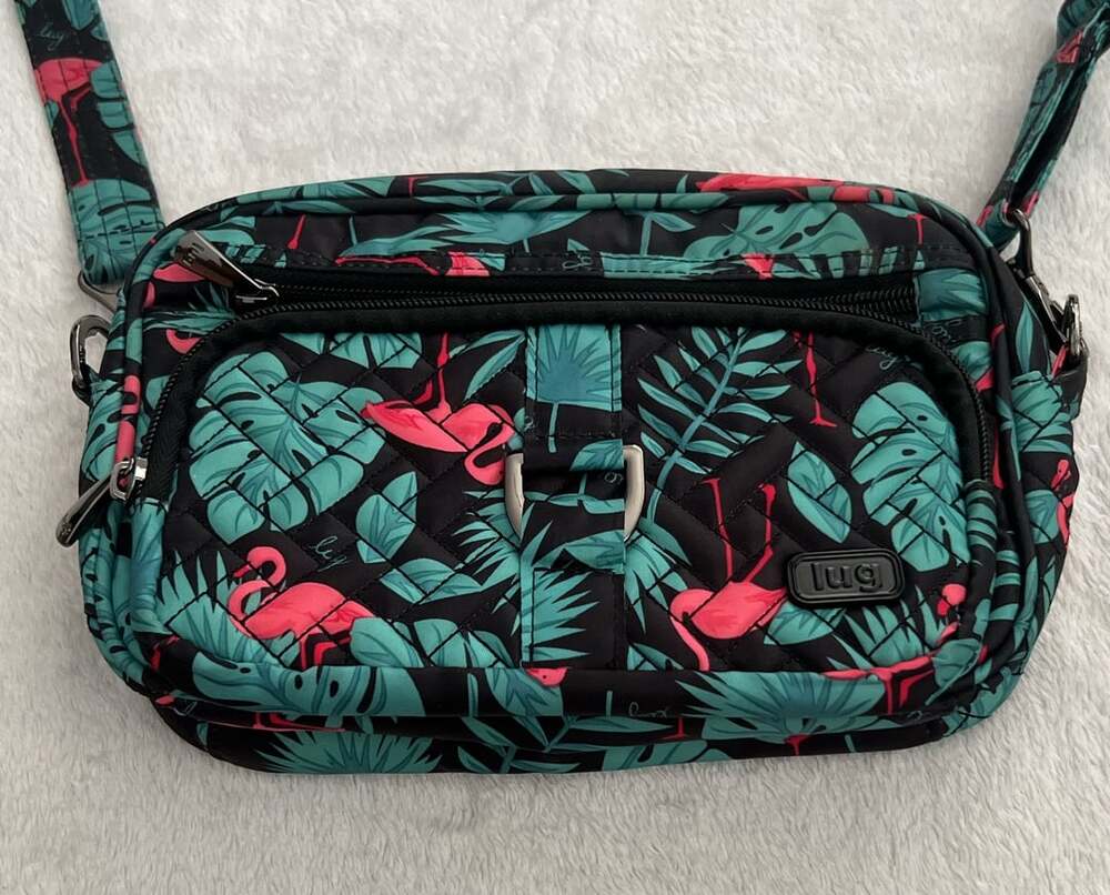 Lug Carousel Crossbody Bag Flamingo Black Tropical Quilted